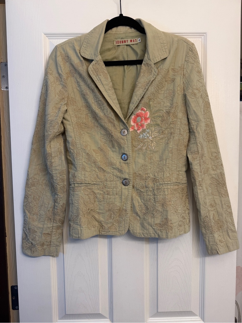 Johnny Was Embroidered Floral Cotton Blazer Jacket – Sage Green (S)